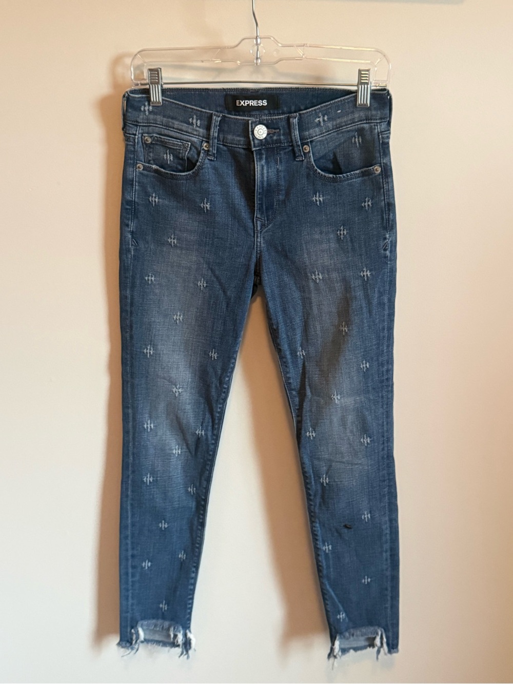 Express Women’s Skinny Jeans in Washed Blue with Embroidered Detail